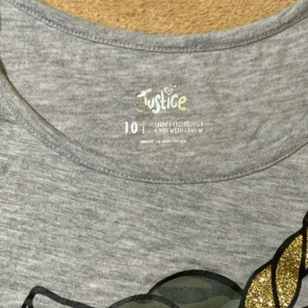 Justice Girls 10 Heather Gray Camo Glitter‎ Unicorn Long Sleeve Round Neck Top